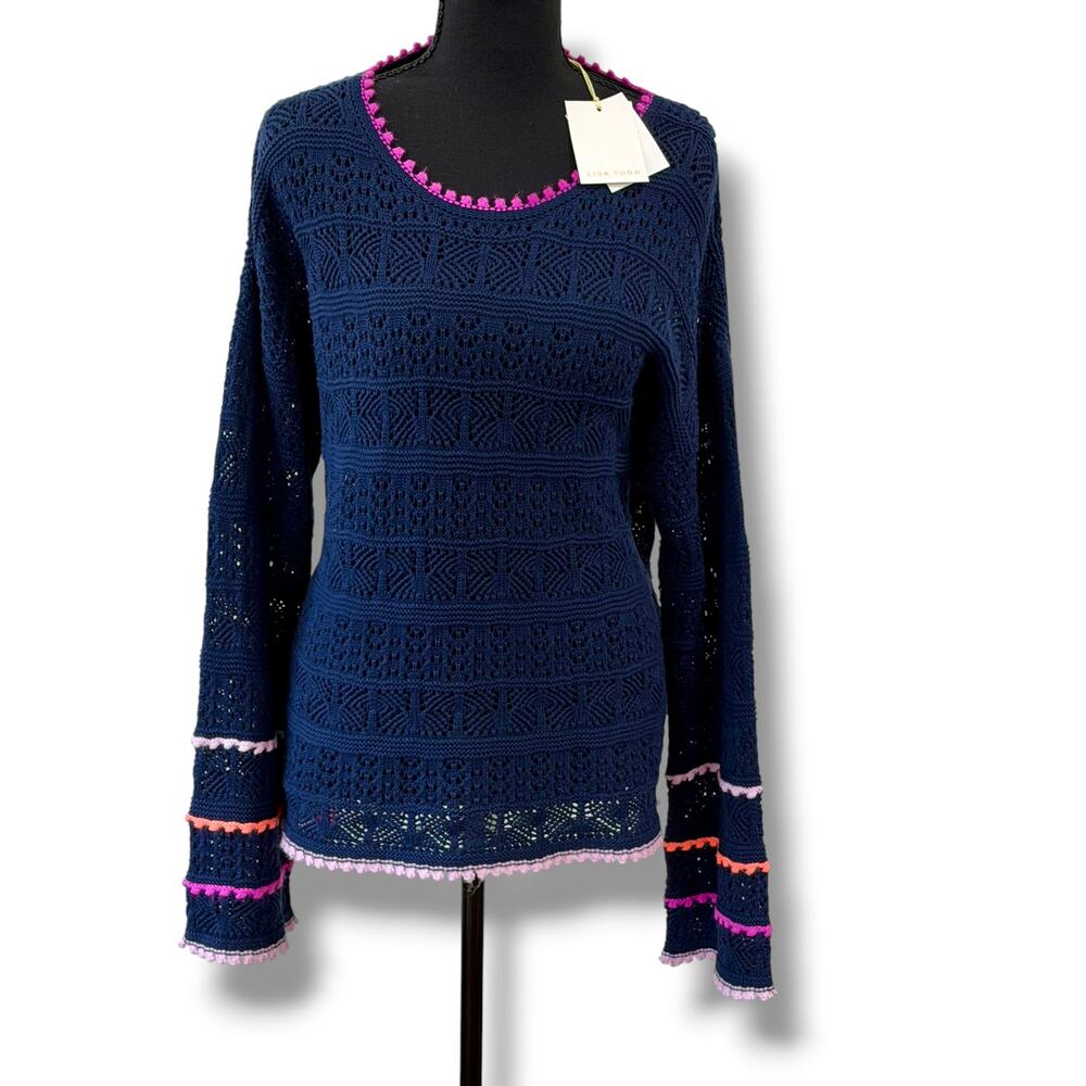Lisa Todd Navy Blue Cotton Pointelle Knit Sweater Crochet Trim Size L Oversized